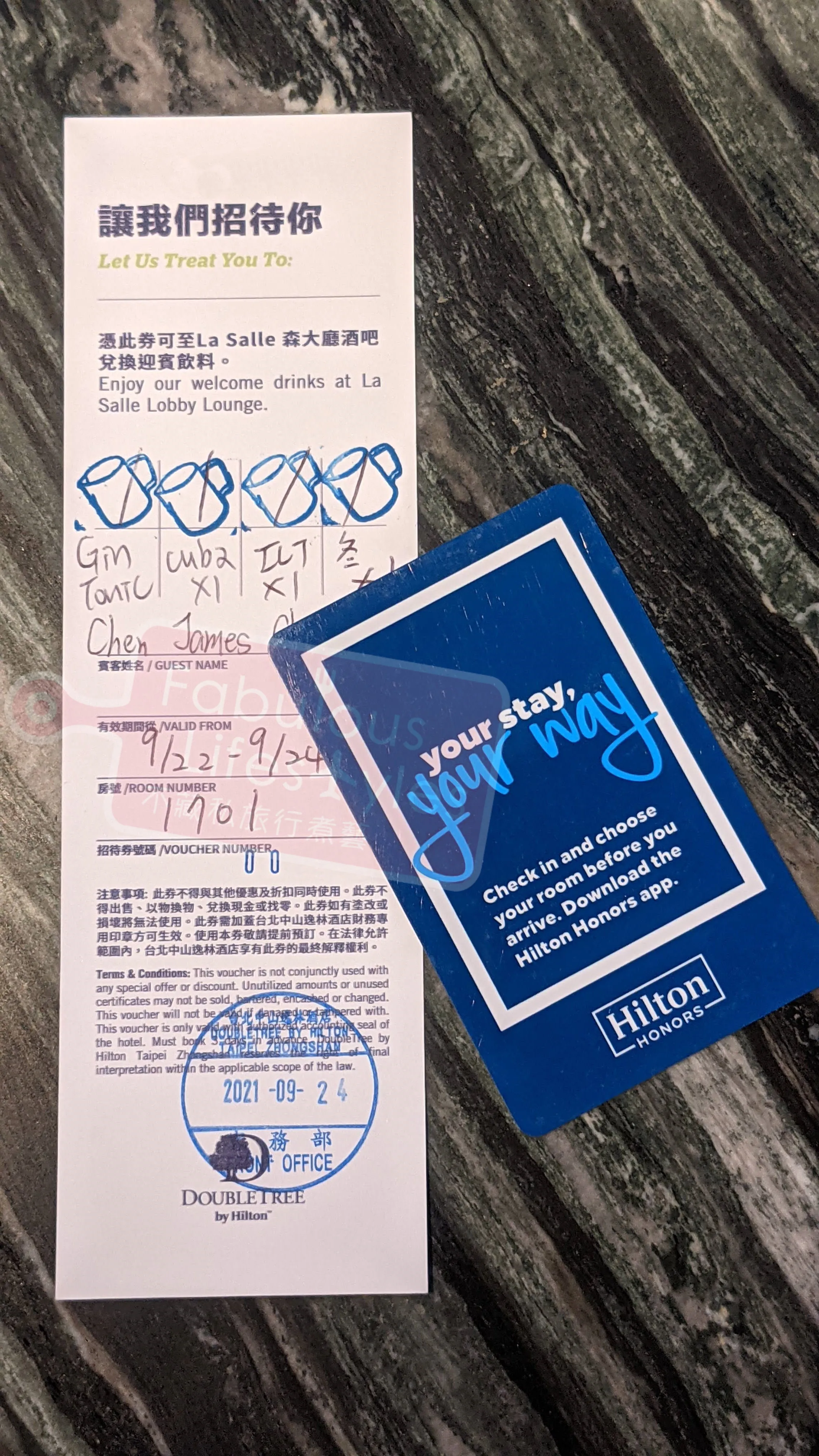 Four drink vouchers: Gin & Tonic, Cuba Libre, Winter Melon Tea, Iced Latte