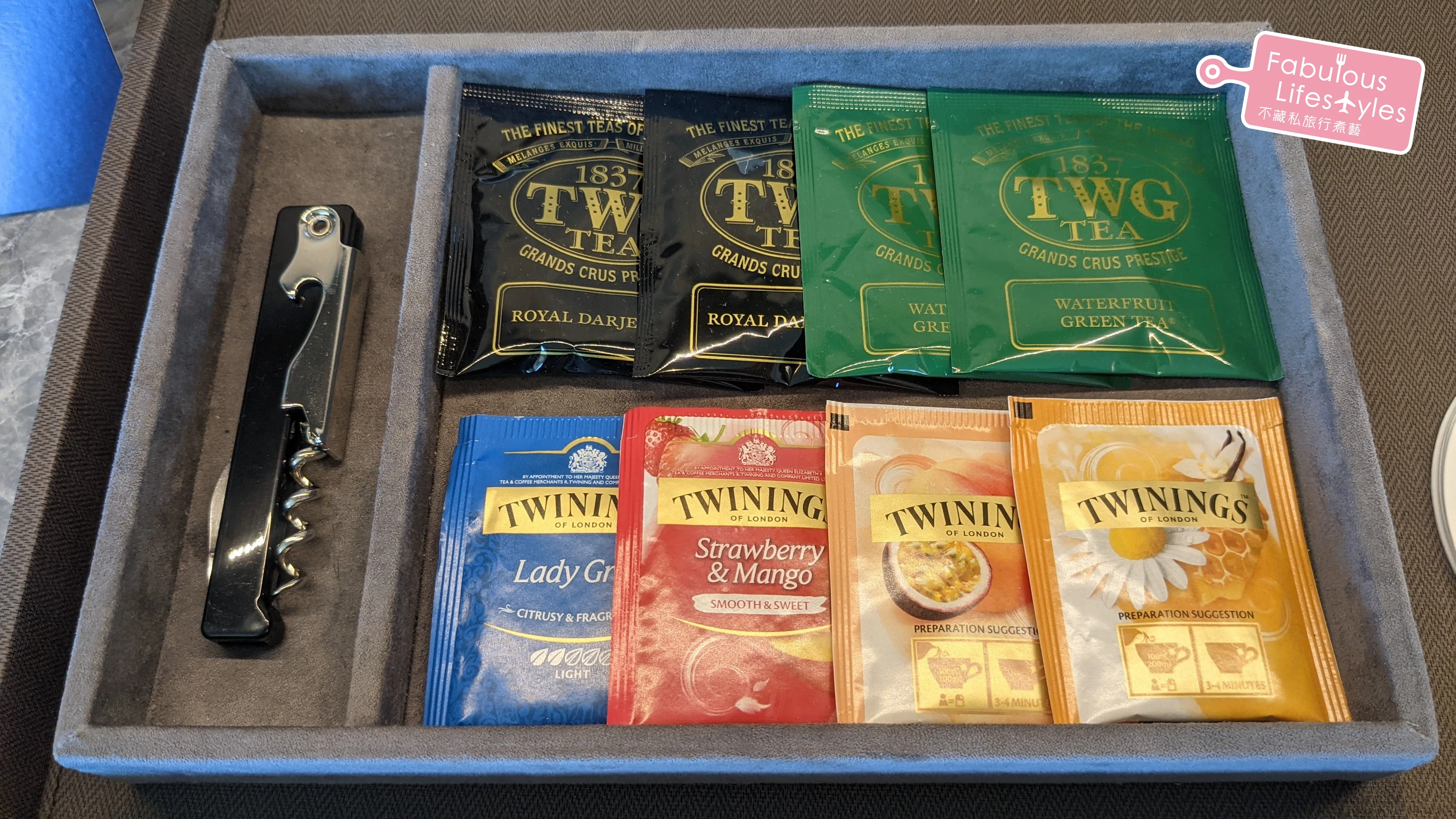 Tea amenities displayed on the counter, exclusive to the Heavenly Suite